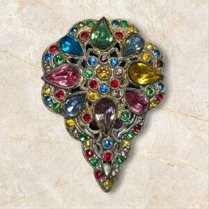 Vintage Czech Multi-Color Rhinestone Filigree Scarf Clip| Art Deco Style